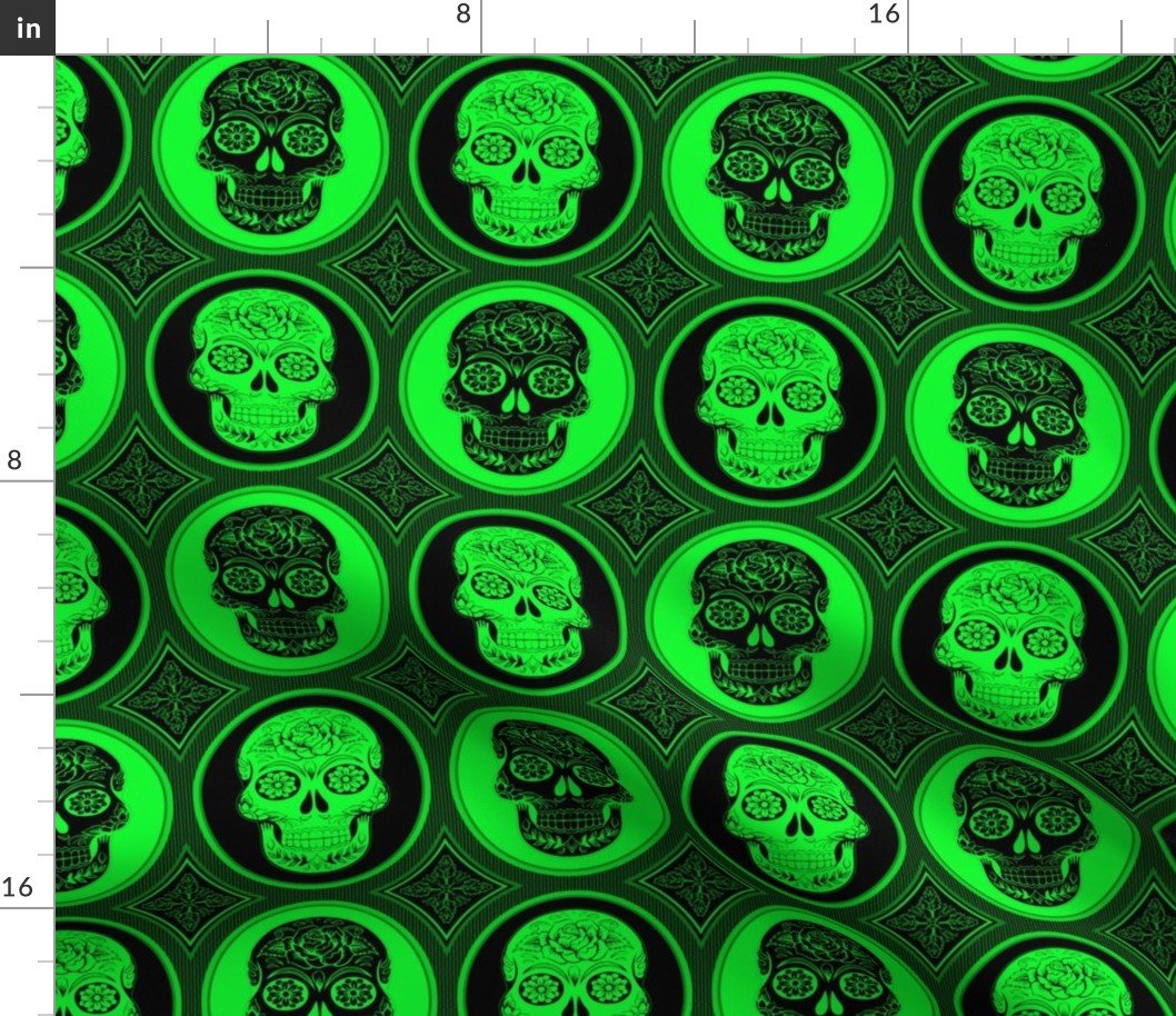 Large Bright Green and Black Skulls Calaveras Day of the Dead Dia de los Muertos Fabric