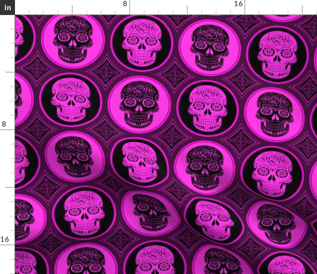 Large Bright Pink and Black  Skulls Calaveras Day of the Dead Dia de los Muertos Fabric