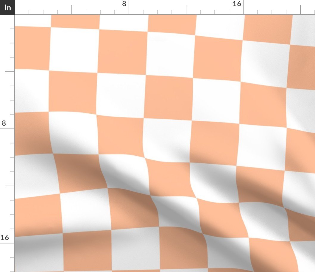 Large Checkerboard Checks in Peach Fuzz Color of the Year 2024 and White Fabric
