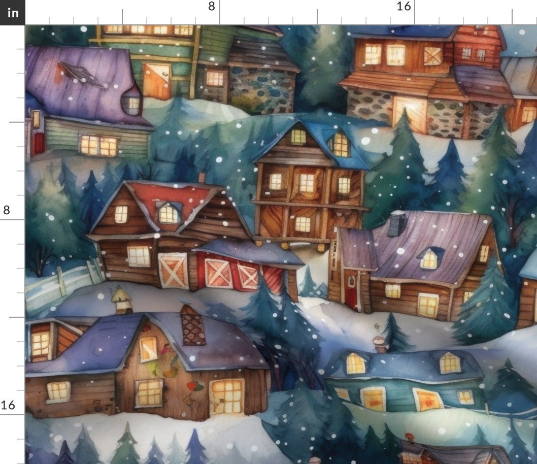 Large Christmas Rustic Country Winter Cabins Watercolor Fabric