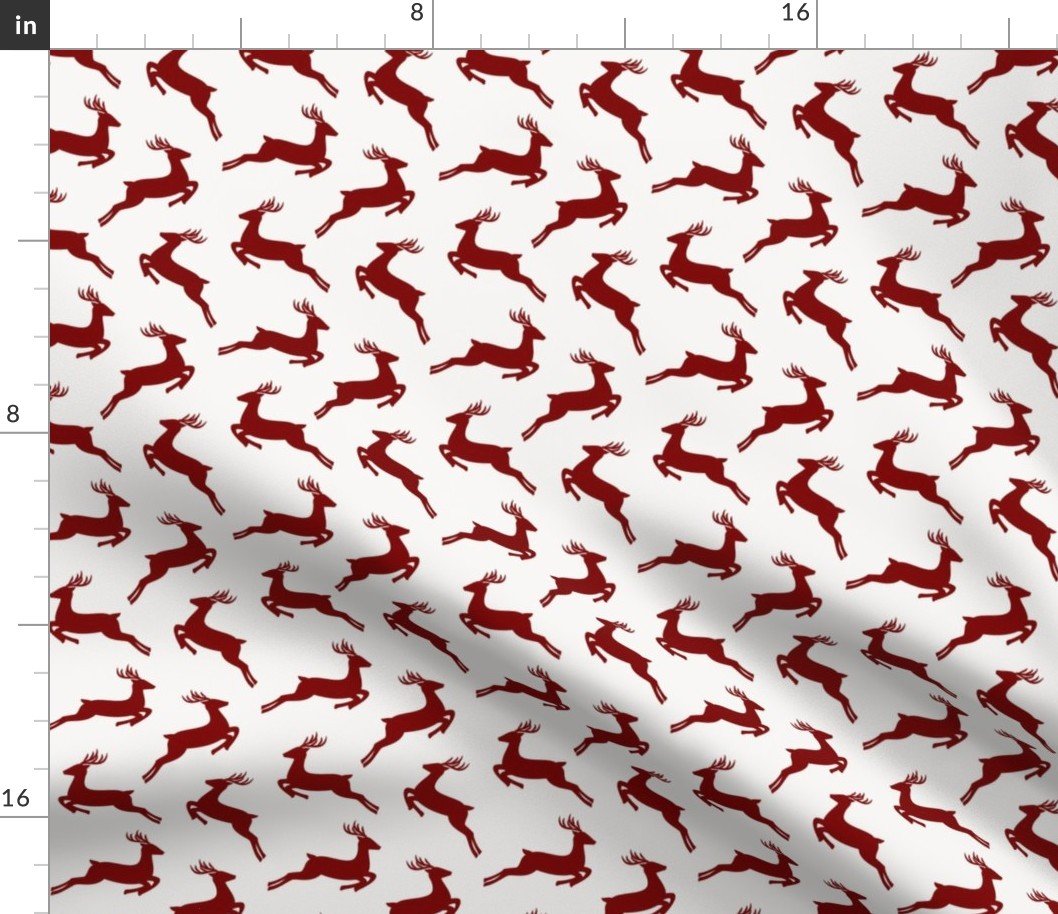 Large Dark Christmas Candy Apple Red Leaping Reindeer on White Fabric