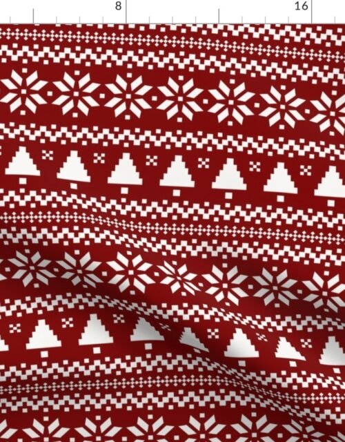 Large Dark Christmas Candy Apple Red Nordic Trees Stripe in White Fabric