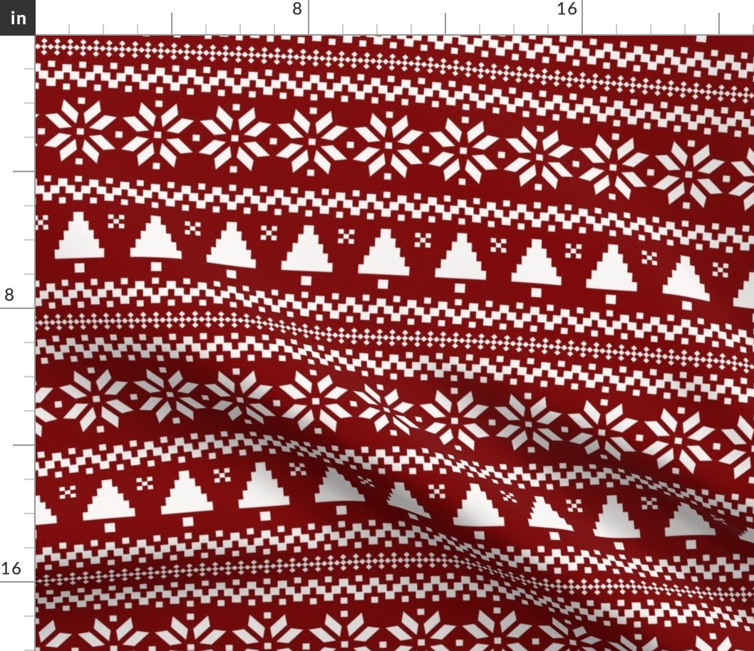 Large Dark Christmas Candy Apple Red Nordic Trees Stripe in White Fabric