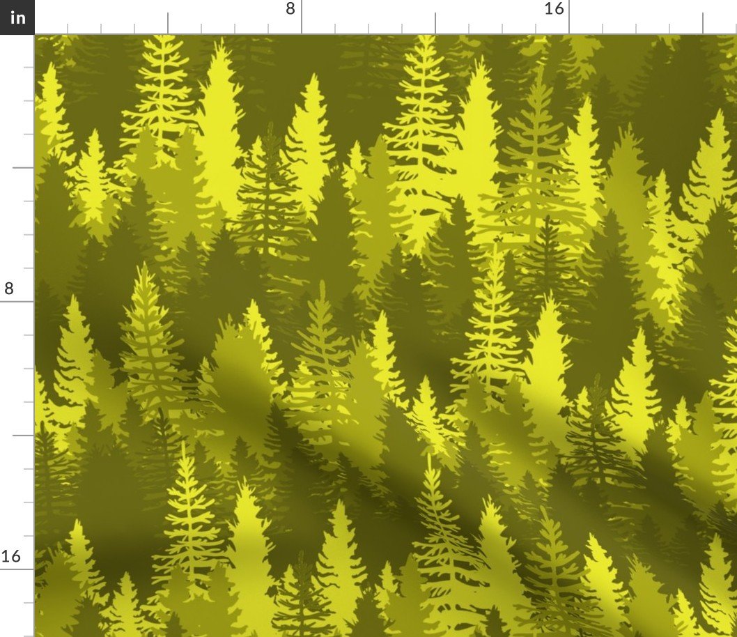 Large Endless Evergreen Forest with Fir Trees in Shades of Golden Yellow Fabric