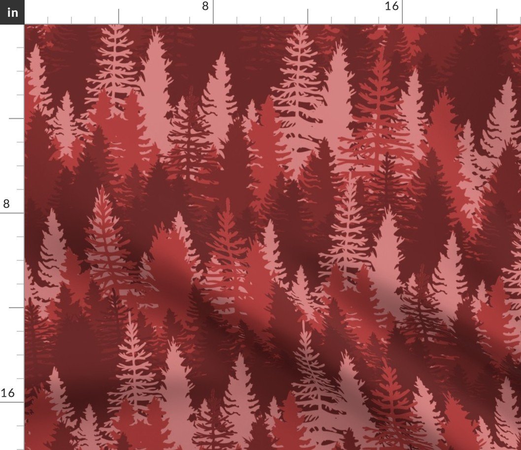 Large Endless Evergreen Forest with Fir Trees in Shades of Red Fabric
