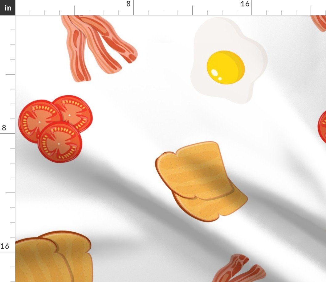 Large English Cooked Breakfast Bacon, Eggs, Tomato and Toast on White Fabric