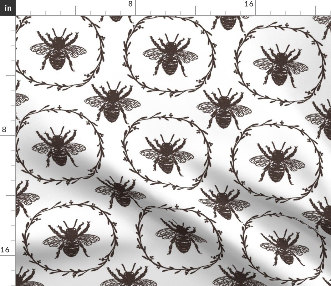 Large French Provincial Bees in Laurel Wreaths in Chocolate on White Fabric