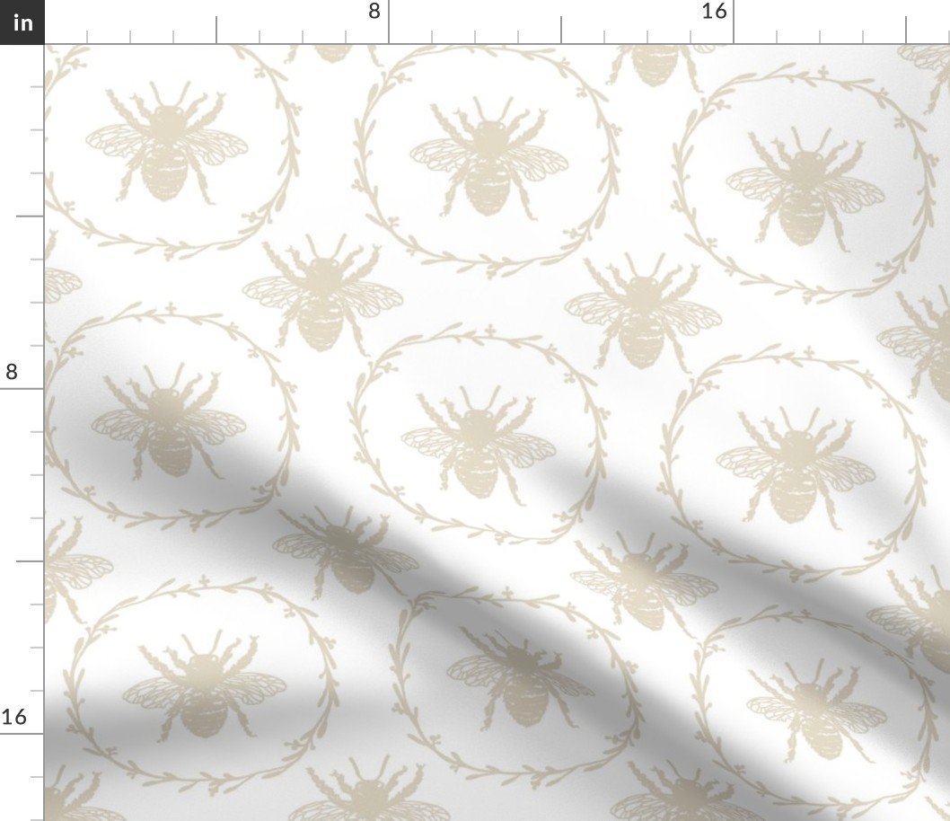 Large French Provincial Bees in Laurel Wreaths in Cream on White Fabric