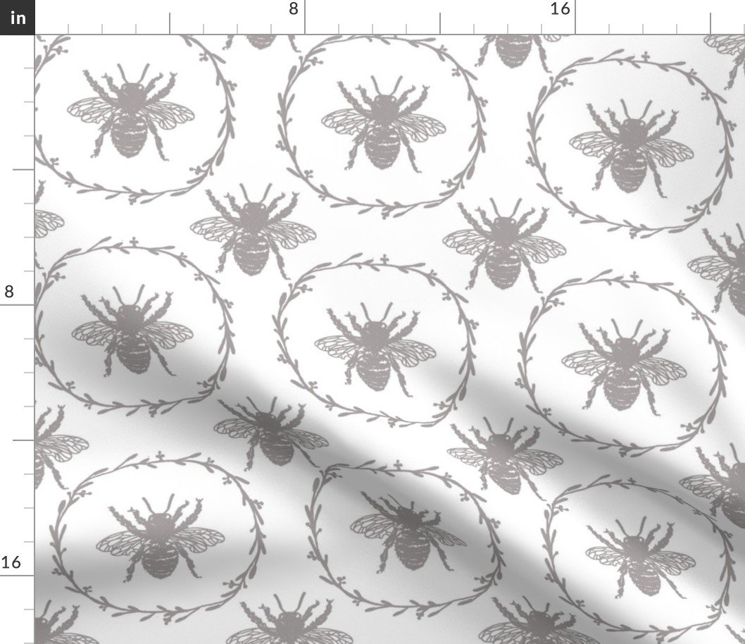 Large French Provincial Bees in Laurel Wreaths in Fawn on White Fabric