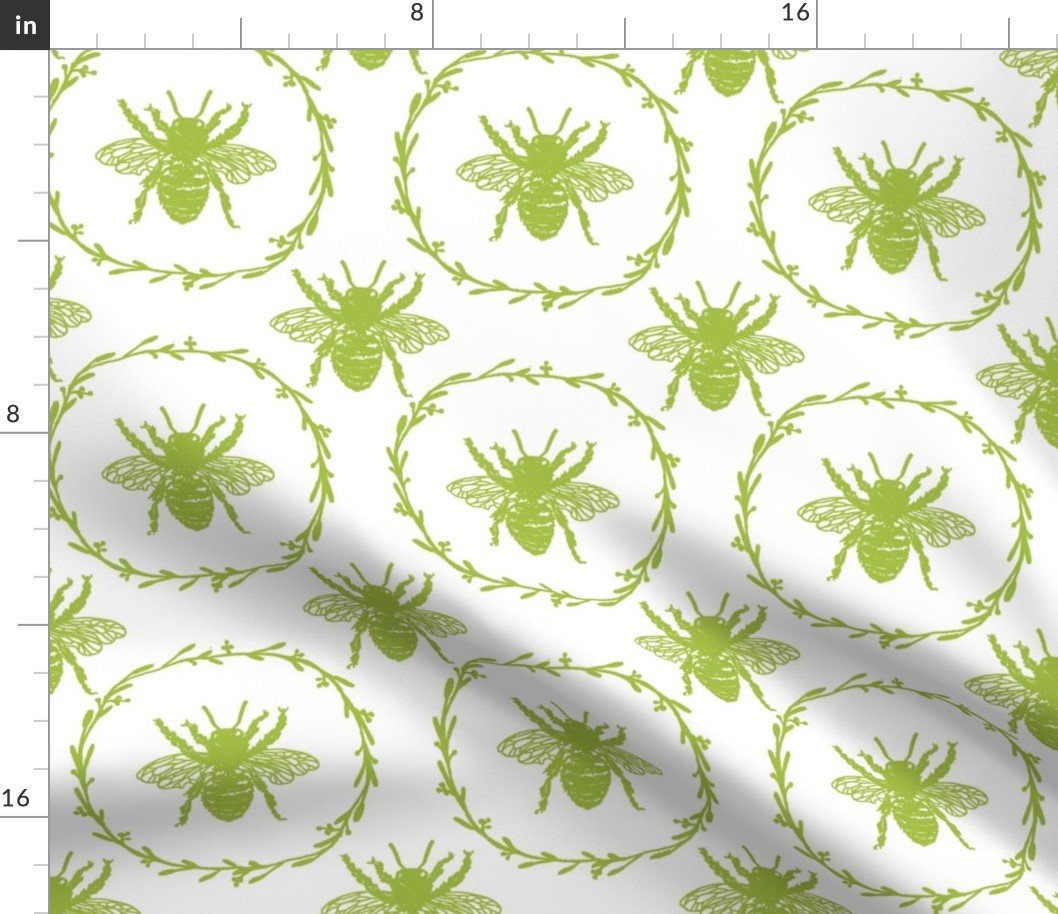 Large French Provincial Bees in Laurel Wreaths in Fresh Green on White Fabric