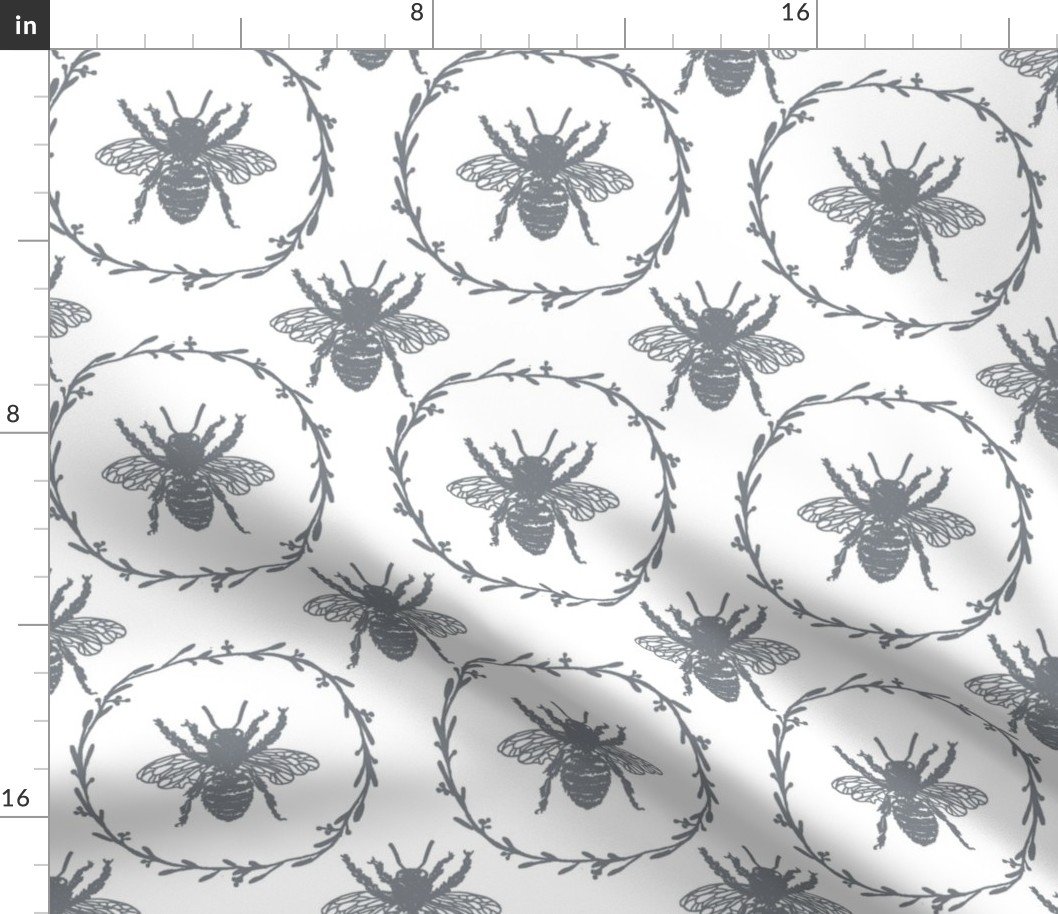 Large French Provincial Bees in Laurel Wreaths in Grey Blue on White Fabric