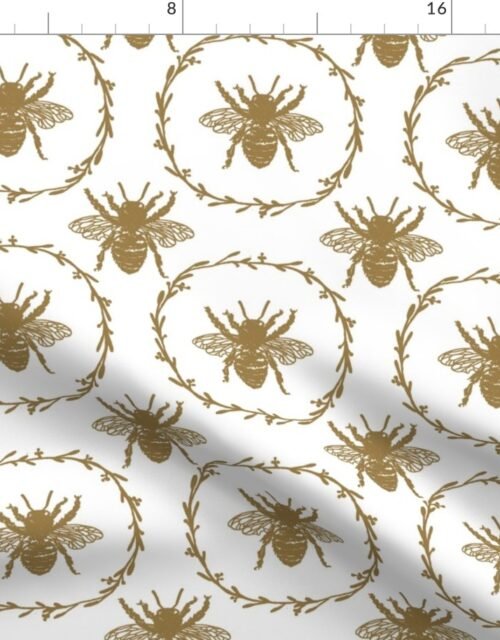 Large French Provincial Bees in Laurel Wreaths in Tan on White Fabric