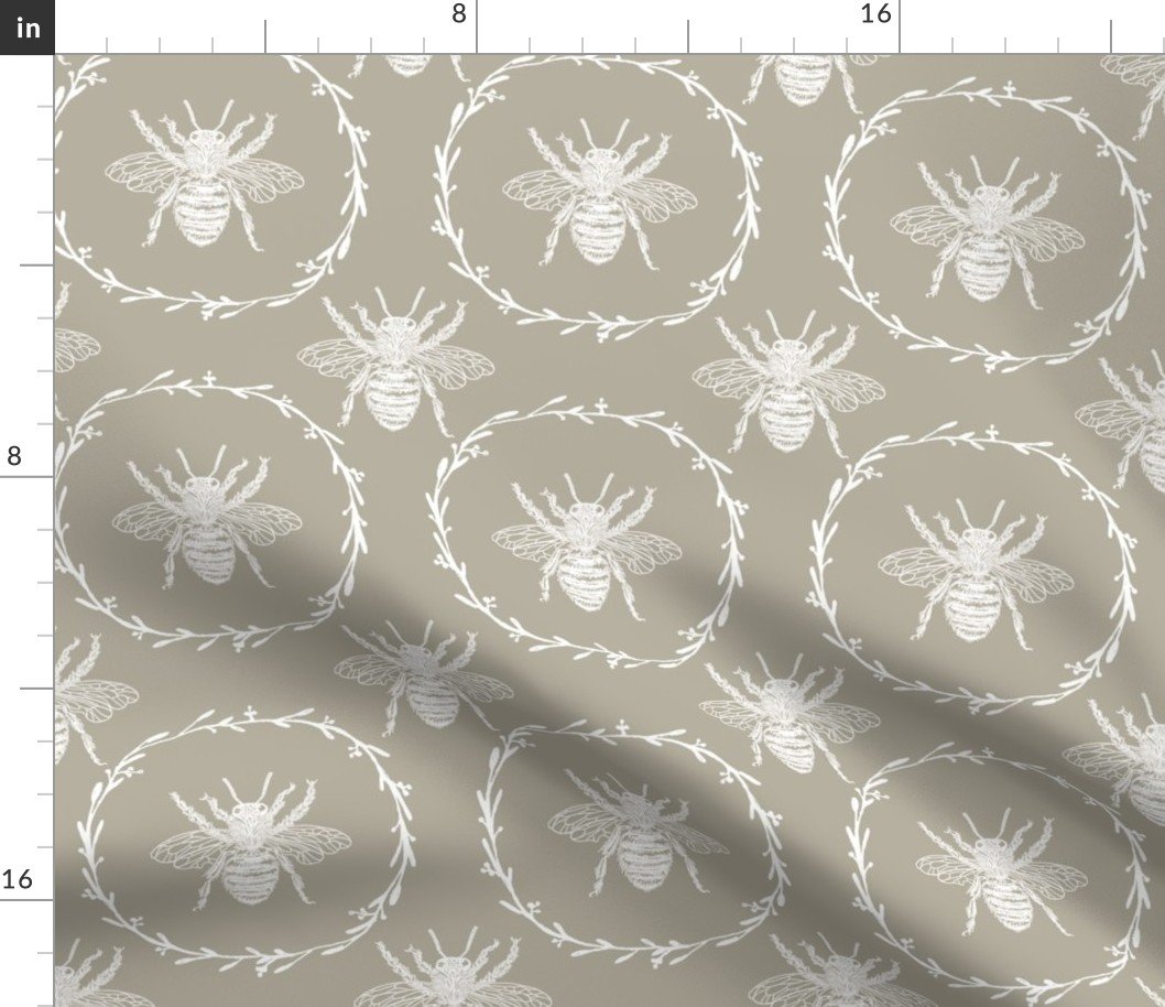 Large French Provincial Bees in Laurel Wreaths in White on Beige Fabric