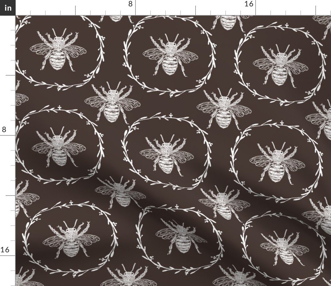 Large French Provincial Bees in Laurel Wreaths in White on Chocolate Fabric