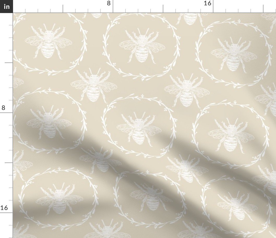 Large French Provincial Bees in Laurel Wreaths in White on Cream Fabric
