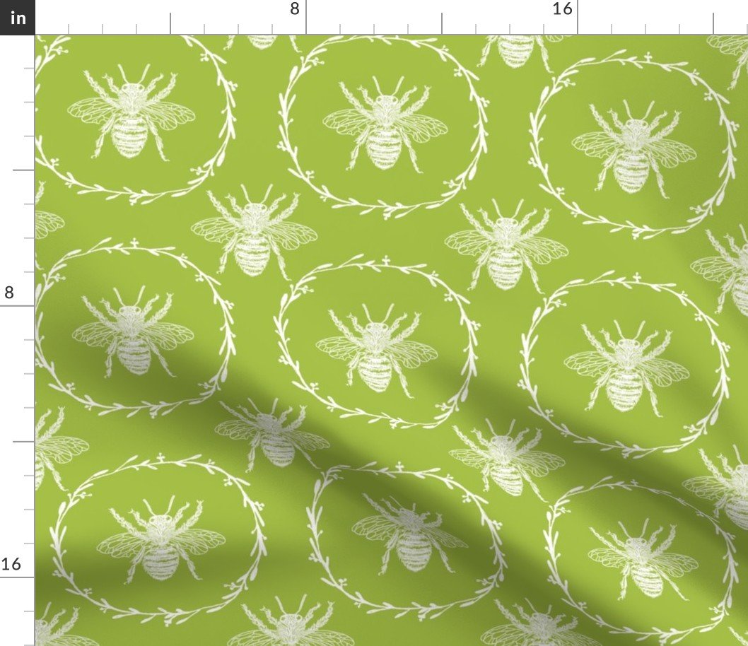 Large French Provincial Bees in Laurel Wreaths in White on Fresh Green Fabric