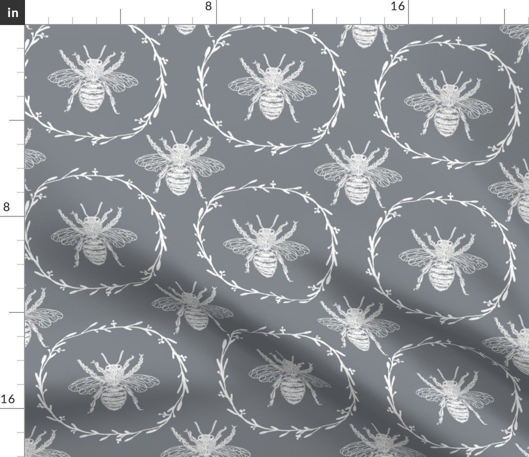 Large French Provincial Bees in Laurel Wreaths in White on Grey Blue Fabric