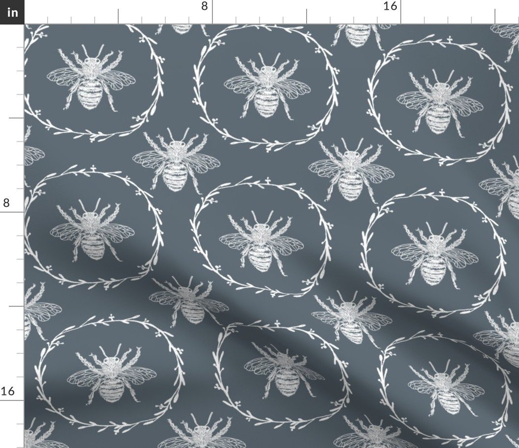Large French Provincial Bees in Laurel Wreaths in White on Ice Blue Fabric