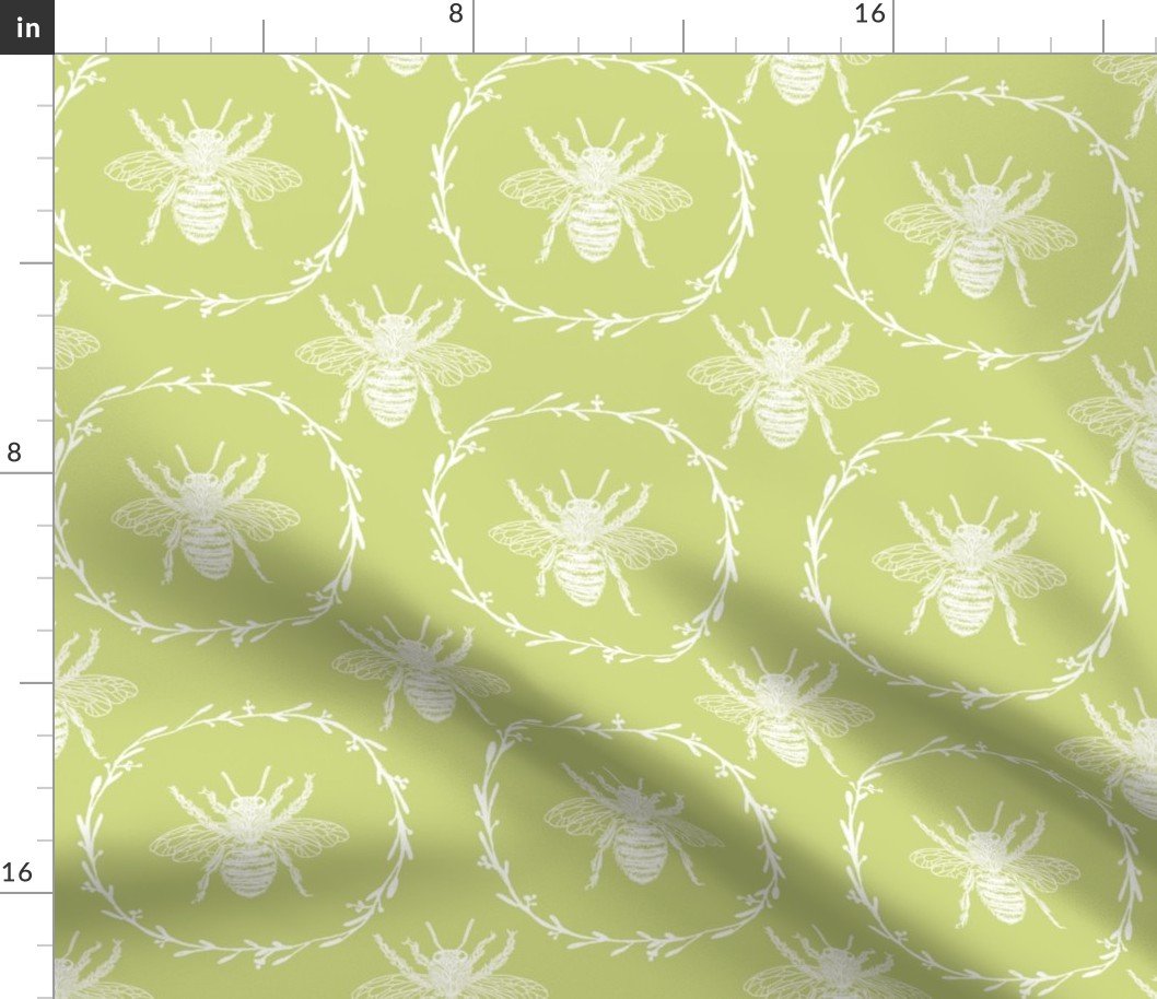 Large French Provincial Bees in Laurel Wreaths in White on New Green Fabric