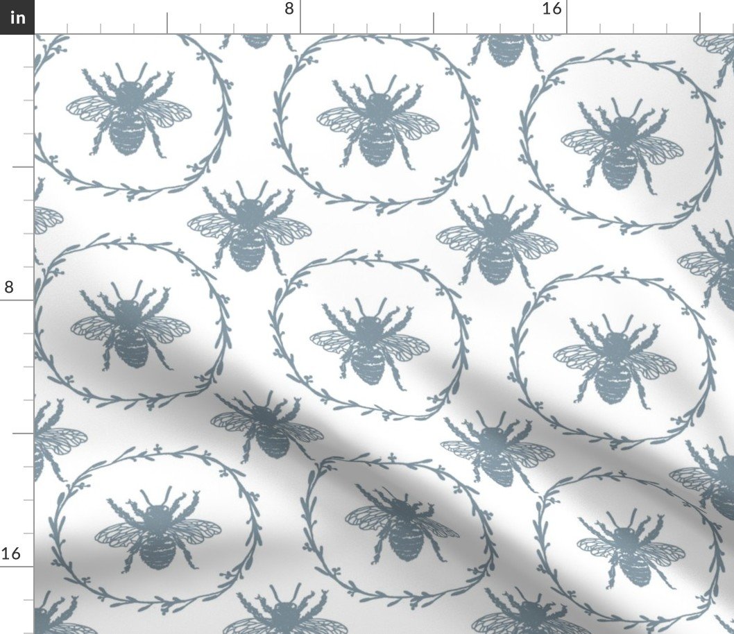 Large French Provincial Bees in Laurel Wreaths in Winter Blue on White Fabric
