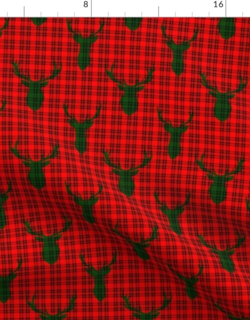 Large Green and Black Tartan Silhouetted Buck Deer Trophy Heads with Antler Racks Mounted on Red and Green Tartan Fabric