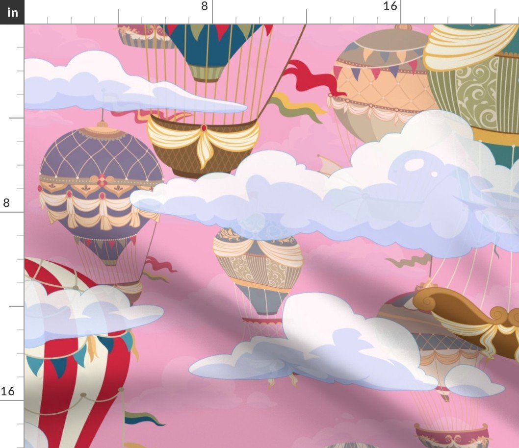 Large Pink Vintage Ornamental Winged Hot Air Helium Balloons in Clouds Race Fabric