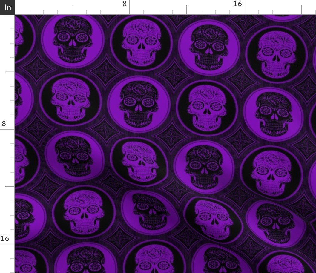 Large Purple and Black Skulls Calaveras Day of the Dead Dia de los Muertos Fabric