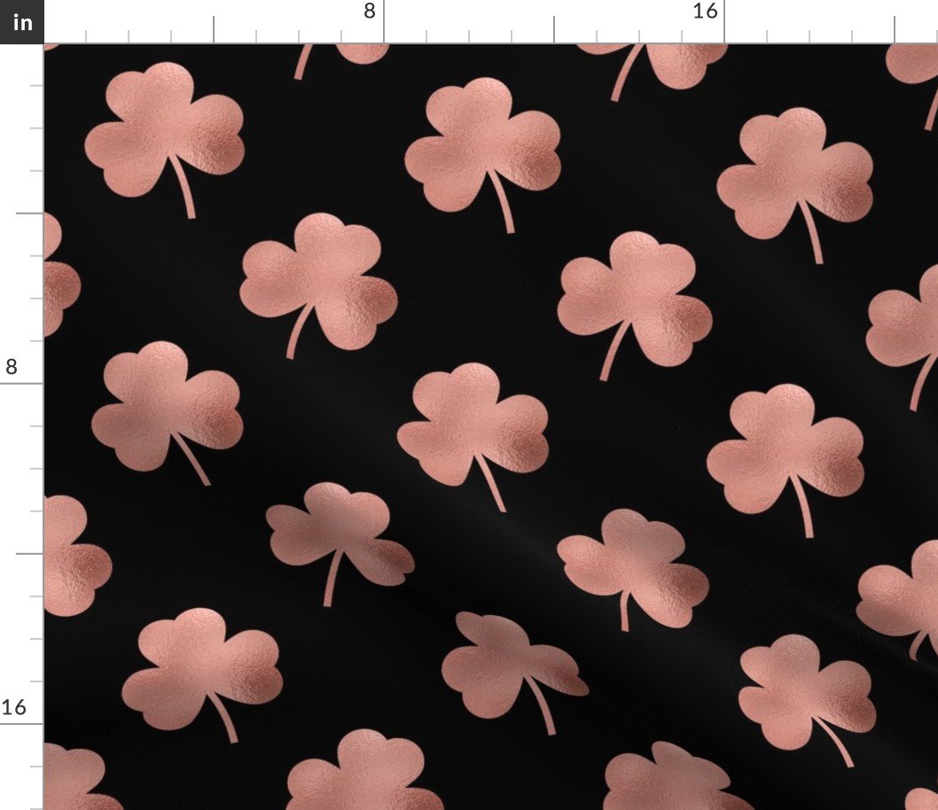 Large Rose Gold Faux Foil Heart-Shaped Clover on Black St. Patricks Day Fabric
