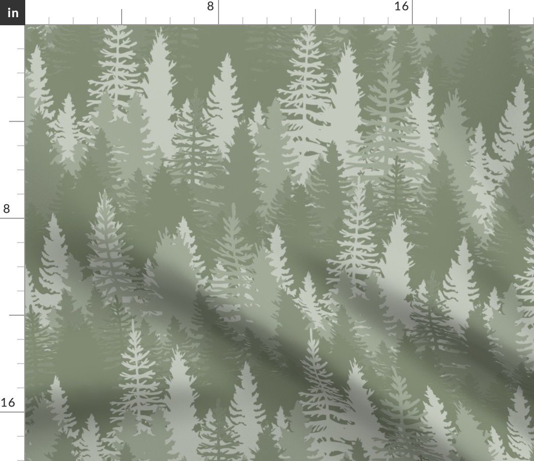 Large  Endless Evergreen Forest with Fir Trees in Shades of Sage Green Fabric