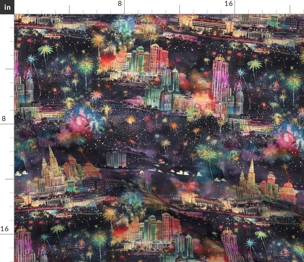 Las Vegas at New Year’s in Watercolors with Fairy Lights and Landmarks Fabric
