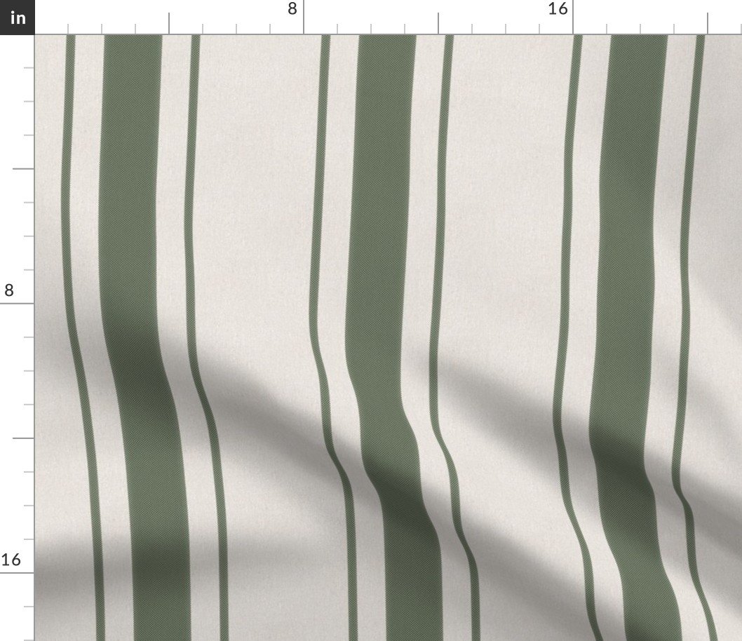 Leaf Green Antique Vintage Mattress Ticking Stripe on Cream Fabric