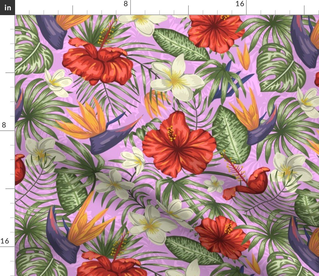 Lei Pink and Red Hawaiian Hibiscus Tropical Rainforest Birds of Paradise Fabric