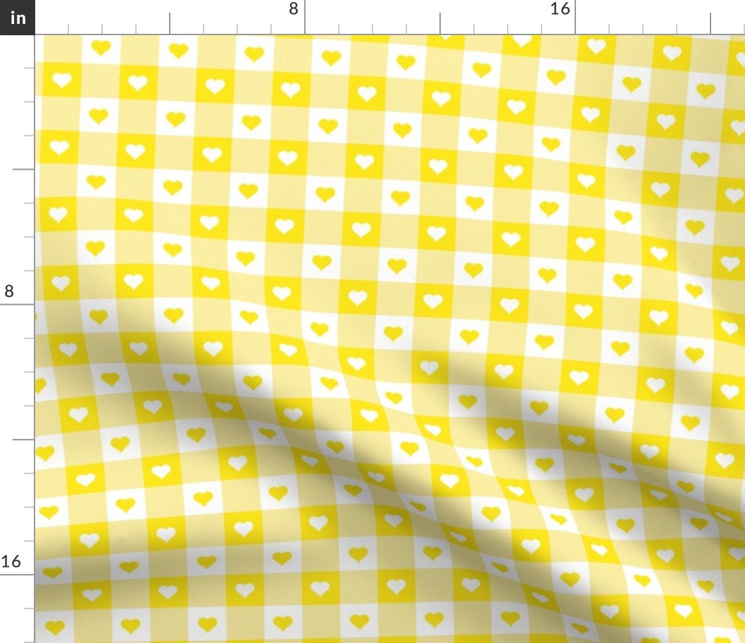 Lemon Lime and White Gingham Valentines Check with Center Heart Medallions in Lemon lime and White Fabric