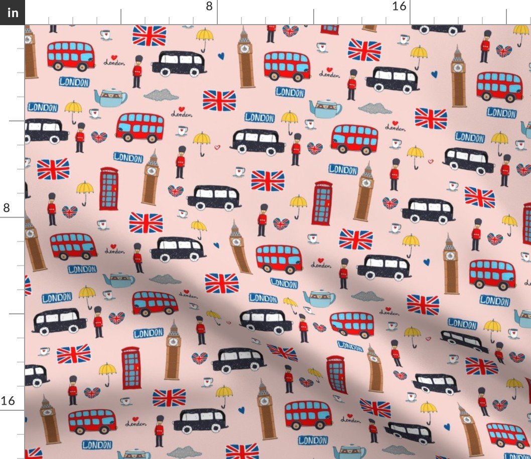 London England Handdrawn Motifs Big Ben, Union Jack, Palace Guard, Teatime, Black Cabs on  Pink Fabric