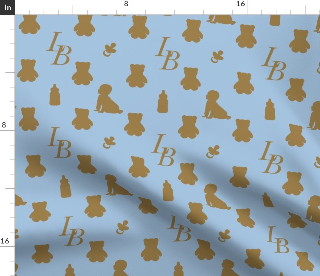 Louis Baby Luxury Iconic Monogram Pattern on Classic Blue with Tan Motifs Fabric