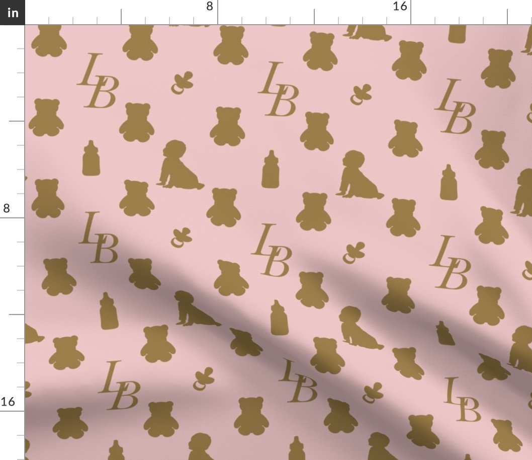 Louis Baby Luxury Iconic Monogram Pattern on Classic Pink with Tan Motifs Fabric