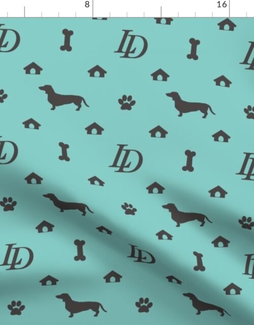 Louis Luxury Monogram Mini Dachsunds on Aqua Fabric with Black Fabric