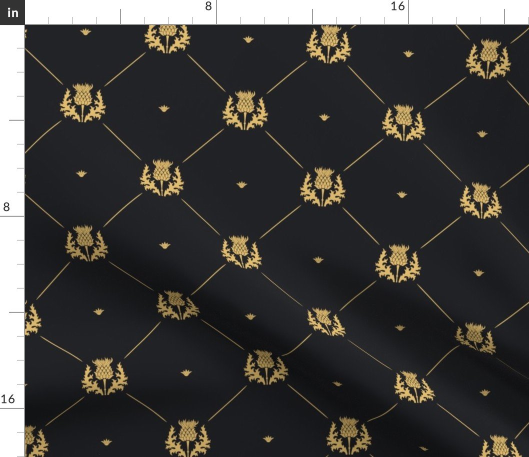 Lux Faux Gold Scotland’s Royal Thistle in Cross-Hatch Diamonds on Repeat Fabric