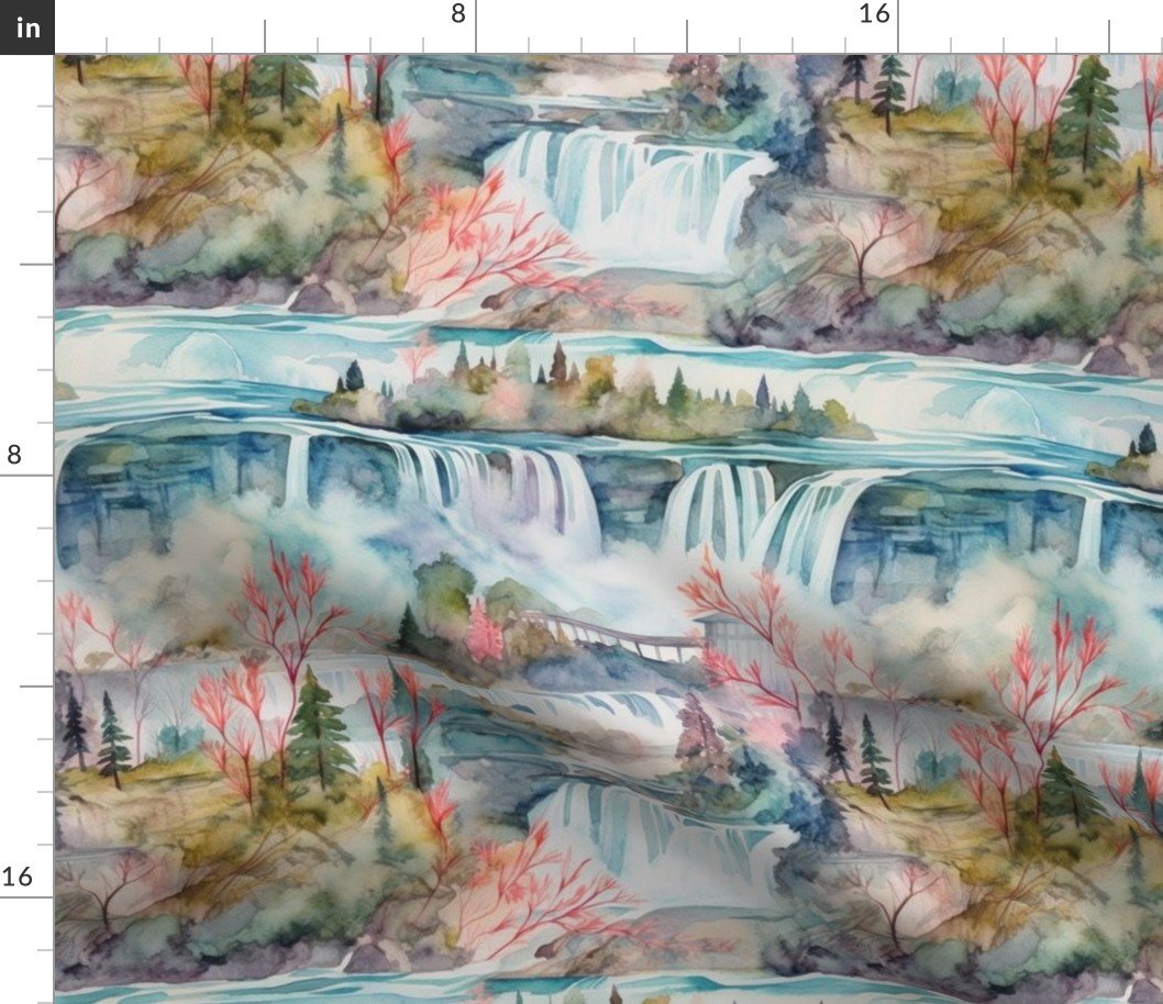 Majestic Niagra Falls Waterfall Border of Two North American Neighbors Fabric