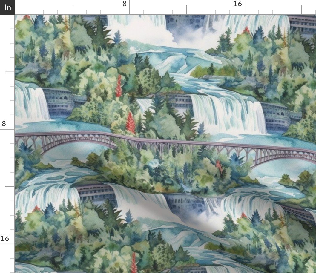 Majestic Niagra Falls Waterfall Border of Two North American Neighbors Fabric