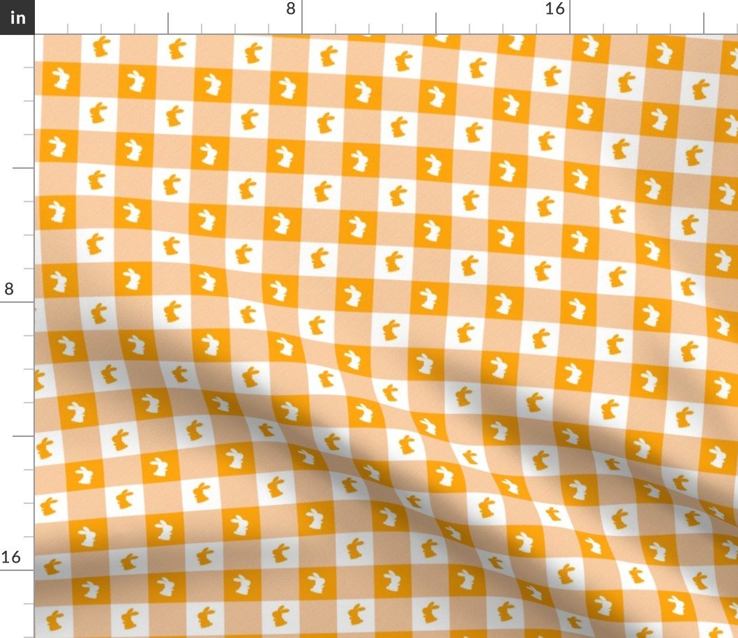 Marigold and White Gingham Easter Check with Center Bunny Medallions in Marigold and White Fabric