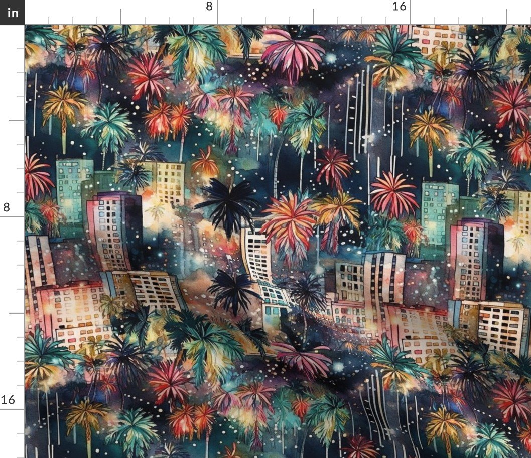 Miami at New Year’s in Watercolors with Fairy Lights and Landmarks Fabric