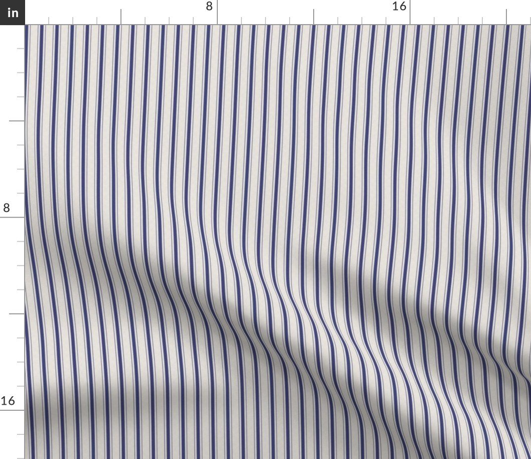 Micro Cornflower Blue Antique Vintage Mattress Ticking Stripe on Cream Fabric