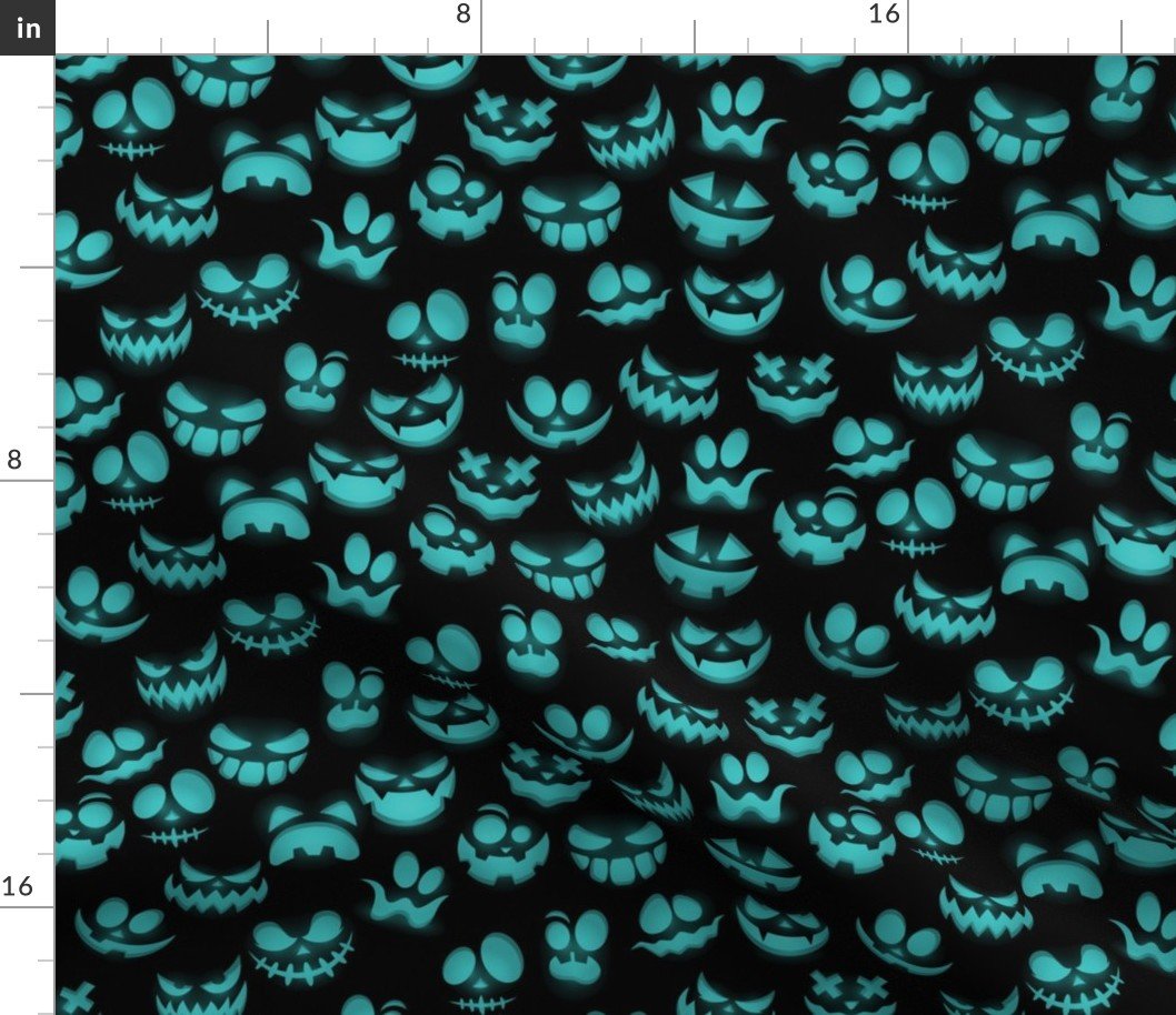 Mini Grinning Halloween Jack o Lantern Faces in Aqua on Black Fabric
