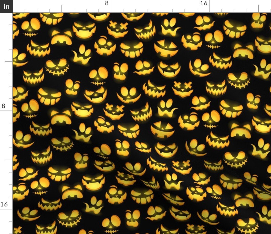 Mini Grinning Halloween Jack o Lantern Faces in Orange on Black Fabric