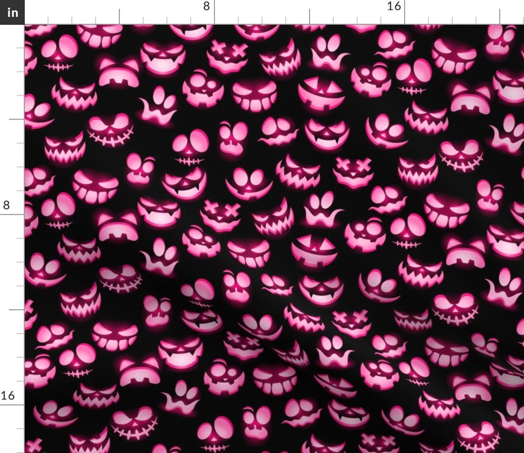 Mini Grinning Halloween Jack o Lantern in Bright Pink on Black Fabric
