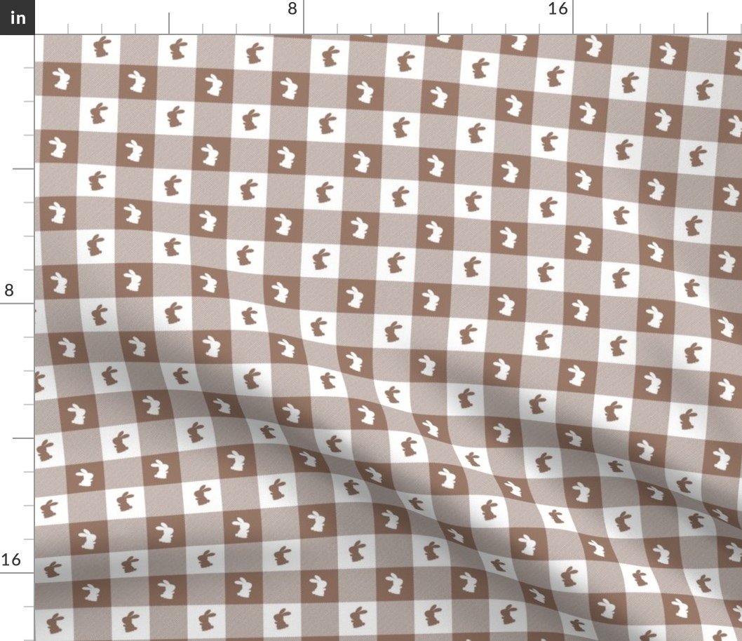 Mocha and White Gingham Easter Check with Center Bunny Medallions in Mocha and White Fabric