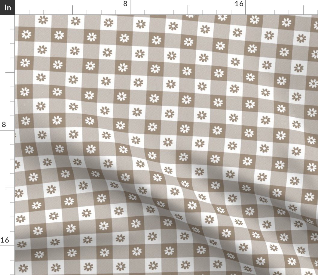 Mushroom  and White Gingham Floral Check with Center Floral Medallions in Mushroom and White Fabric