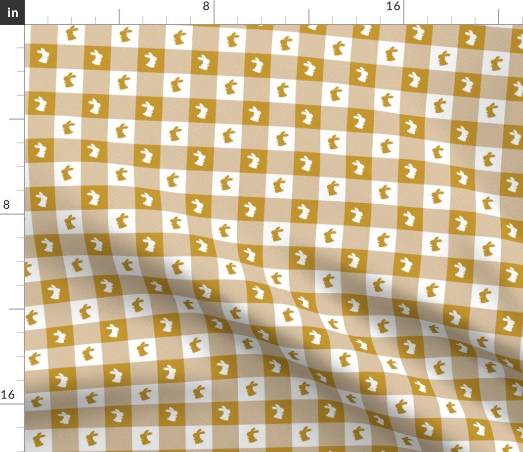 Mustard and White Gingham Easter Check with Center Bunny Medallions in Mustard and White Fabric