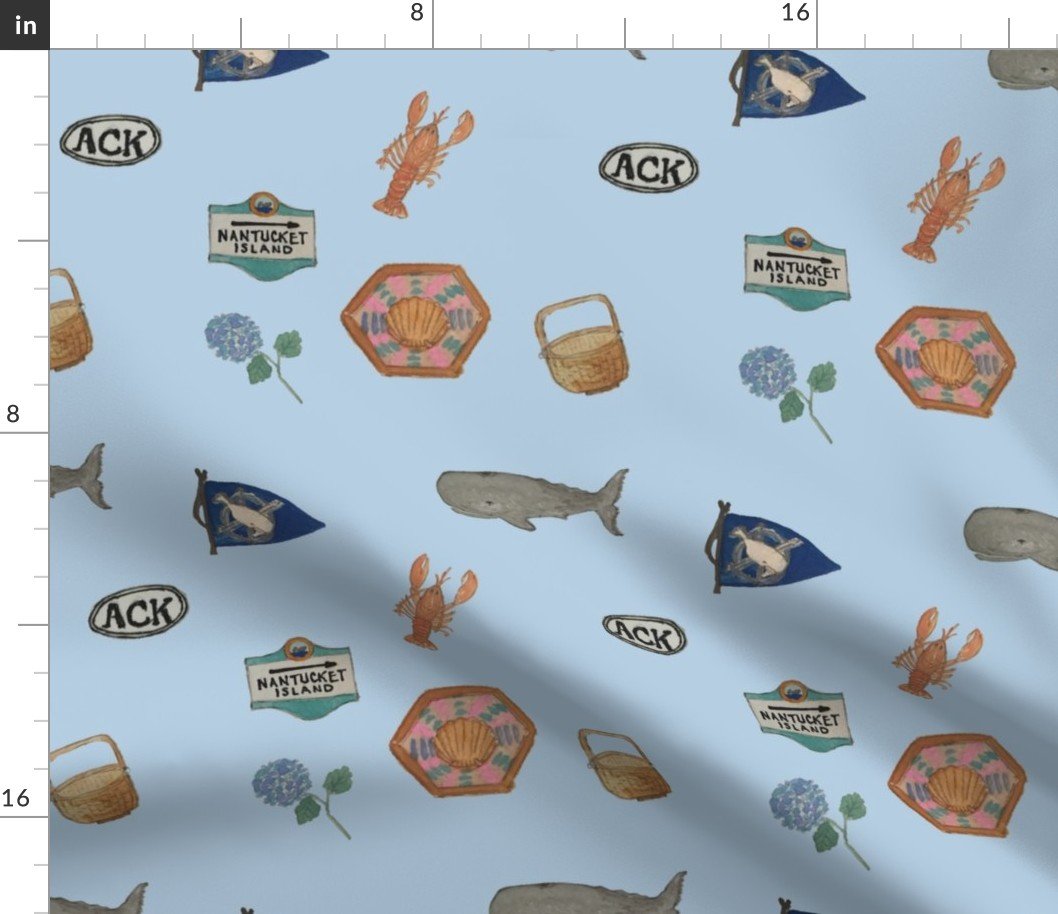Nantucket Island Hand-Painted Watercolors of its Symbols, Signs and Motifs on Blue Fabric
